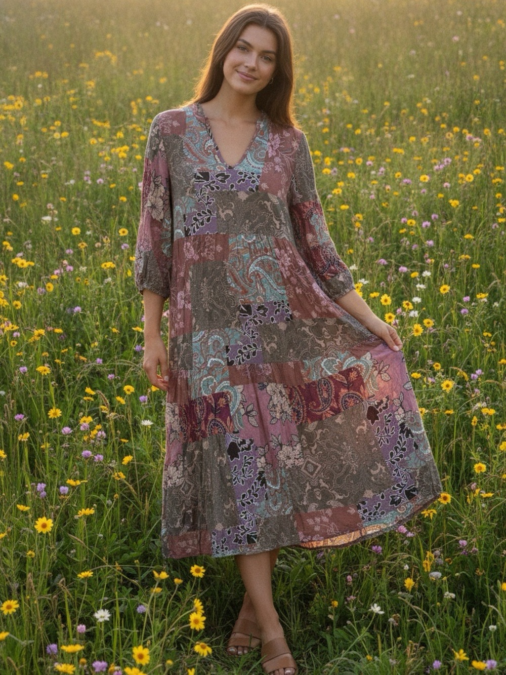 TOLANI Patchwork Midi Boho Cottage Core Dress
Size Large